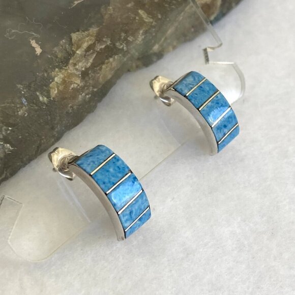 Sterling Silver 925 Southwest Style Blue Sodalite Inlay Quarter Hoop Earrings - Picture 11 of 16